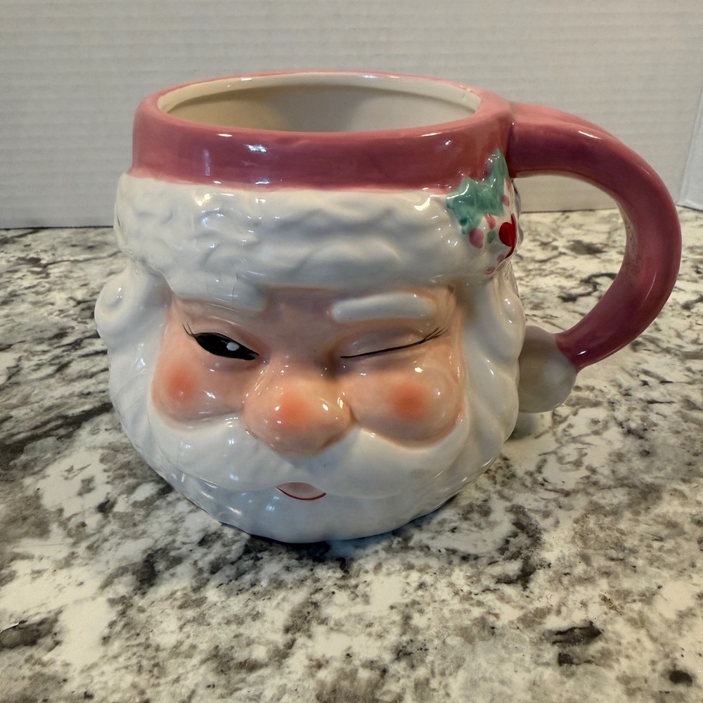At Home Santa Claus Winking Face Ceramic Coffee Mug Pink Hat Christmas Holiday